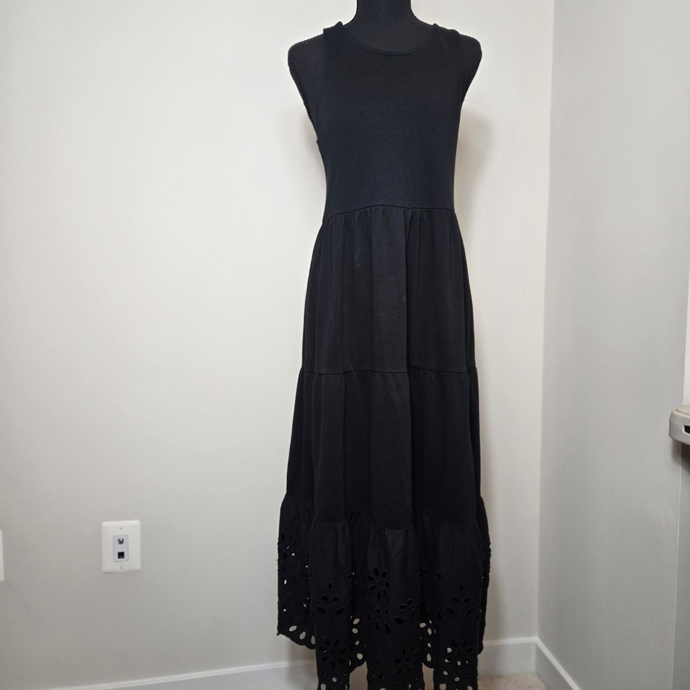 J.Crew Maxi Dress Womens XS Black Eyelet Hem Tiered Cross Back (D4)‎ XS